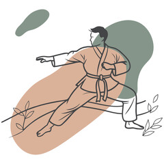 Karate Practitioner in Nature Performing Martial Arts Pose Line Art with Abstract Shapes
