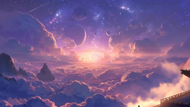 Celestial Sunrise Over Mountains and Temple in a Dreamlike Fantasy Sky &ndash; AI Generated Animation