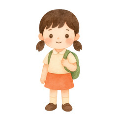 Vector Minimalist watercolor illustration of a young Asian school girl with a green backpack and orange skirt. Soft, hand-painted style. Ideal for children’s projects, school materials, and posters
