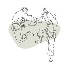 Karate Fighters in Mid-Air Kick and Defense Pose Line Art with Abstract Background
