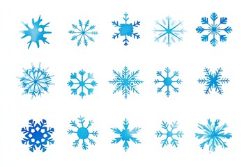 Twelve stylized, light blue snowflakes, varying in design and shade, against a white background