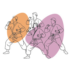 Group Karate Training Session Line Art Illustration with Abstract Color Background

