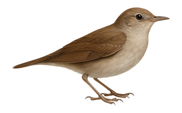 Nightingale in profile view highlighting its slender bill and rounded wings