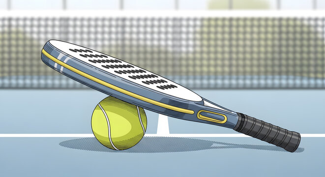 Tennis racket and ball on a court, sports equipment for active play