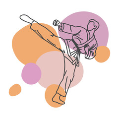 Karate Fighter Performing Jump Kick – Minimalist Line Art with Colorful Abstract Circles
