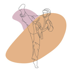 Martial Artist Wearing Headgear Performing High Kick – Minimalist Line Art Illustration
