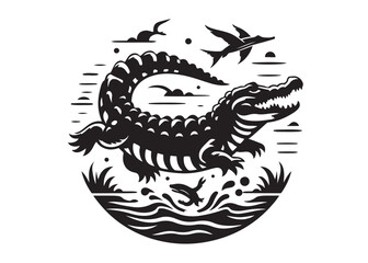 crocodile silhouette vector illustration design crocodile logo silhouette vector, alligator silhouette reptile wildlife animal, crocodile animals logo silhouettes vector on white background
