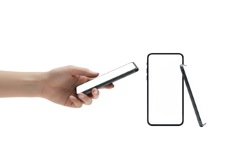 A slender feminine hand with short nude nails grips a sleek, dark smartphone with a blank screen, beside an identical upright phone on a transparent studio background with shadowless lighting, concept