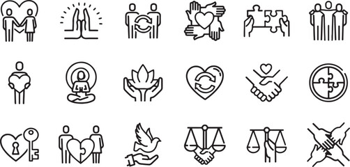 Charity and Volunteer Icon Set – Care, People, Help, Donation, Heart, Support, Humanity, Hand, Community, Kindness, Love, Line Art, Giving, Family, Social