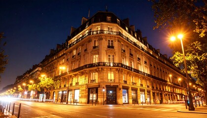Naklejka premium Parisian building at night, illuminated