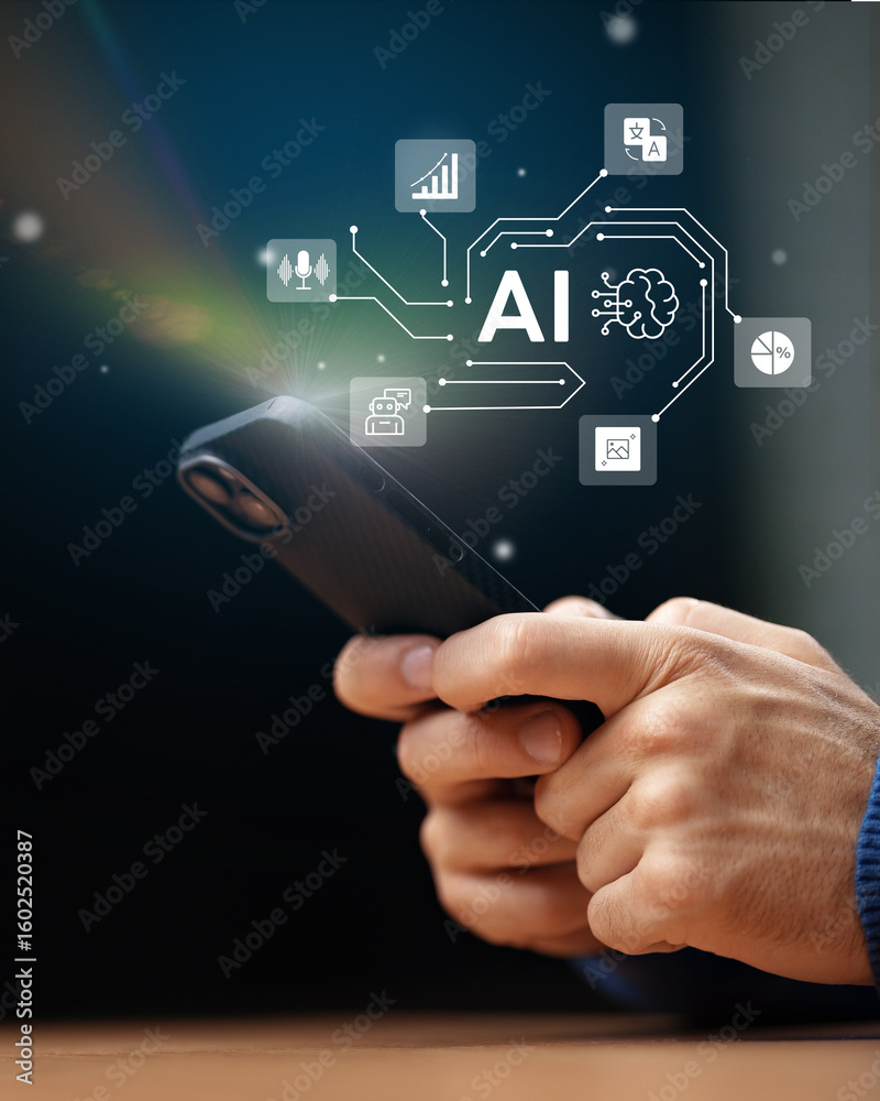 Poster exploring artificial intelligence through a smartphone interface with data graphics at night
