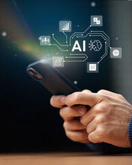 Exploring artificial intelligence through a smartphone interface with data graphics at night