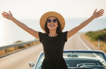 Stylish woman opens arms wide with joy on seaside road, hat and sunglasses catching breeze, freedom radiating through summer sunlight