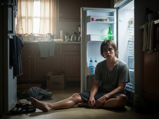 Teenager sits on floor beside open fridge with blank face, trying to cool off in suffocating heat