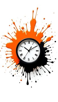 Abstract artistic clock face exploding with vibrant orange and black paint splatters against a clean white background symbolizing dynamic time