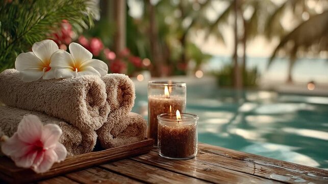 Serene spa video background with burning candles, rolled towels and tropical flowers. Concept: spa resorts, beauty salons, wellness centers.