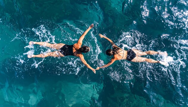 Two women swimming in the turquoise sea - Powered by Adobe