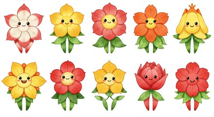 Fototapeta premium Blooming Kawaii Flower Buddies: Cute Character Set