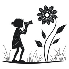 Silhouette of Little Girl Photographing Giant Flower with Camera in Nature  
