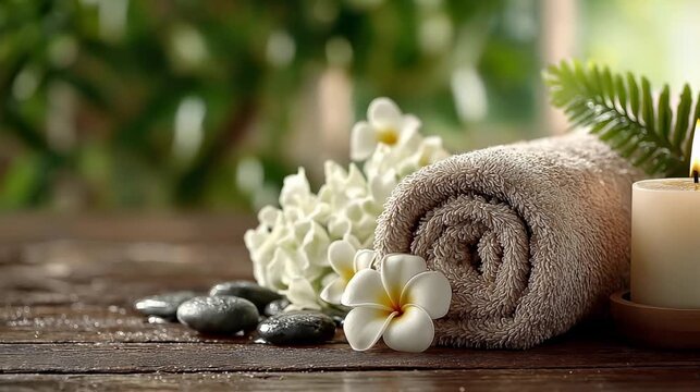 Serene spa video background with burning candles, rolled towels and tropical flowers. Concept: spa resorts, beauty salons, wellness centers.