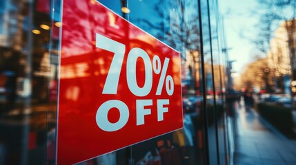 Red sale sticker with 70 percent off on storefront glass