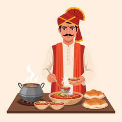 Smiling Man Serving Hot Curry Dish with Bread in Traditional Clothing