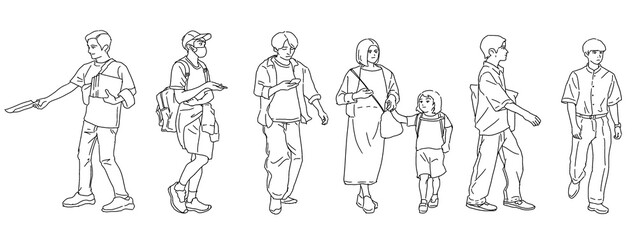 自然な人物イラスト　線画　シンプル　街