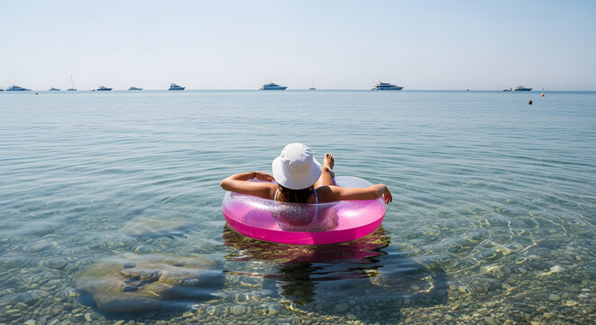 woman in a sun hat relaxes on a pink inflatable ring in the crystal-clear sea on her summer holiday.