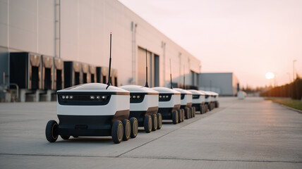 This Drones are ready at the logistics hub for last-mile delivery as sunset nears.