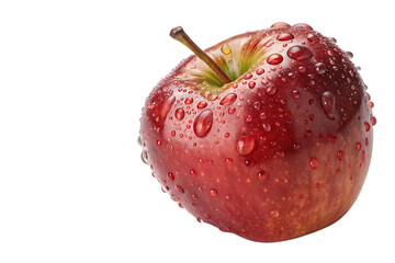 Fresh red apple with water droplets covering its glossy surface and brown stem, isolated on a transparent background