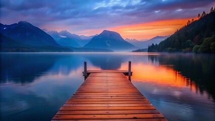 Fototapeta premium Orange Wooden Dock on Still Lake with Misty Mountains 