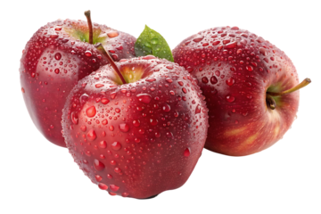 Three fresh red apples with water droplets, featuring glossy surfaces and single green leaf accent, isolated on a transparent background