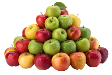 Large pile of mixed colored apples including red, green, and yellow varieties with water droplets, isolated on a transparent background