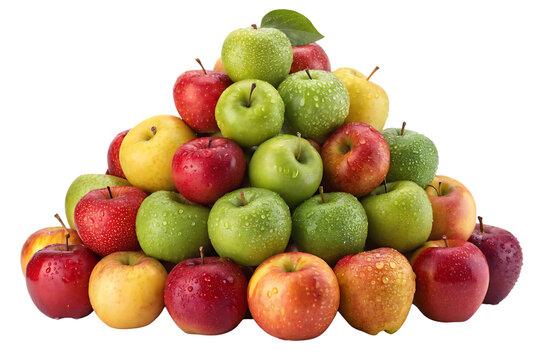 Large pile of mixed colored apples including red, green, and yellow varieties with water droplets, isolated on a transparent background