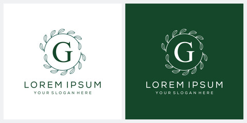 Initial letter G cosmetic spa and fashion logo design, serif font symbol icon, leaf organic graphic vector