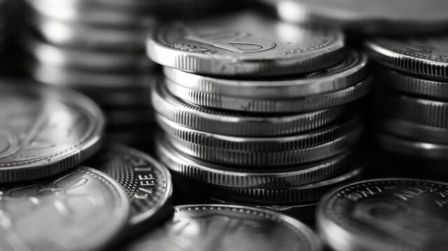 Money piled up in coins. Silver coinage with various denominations.