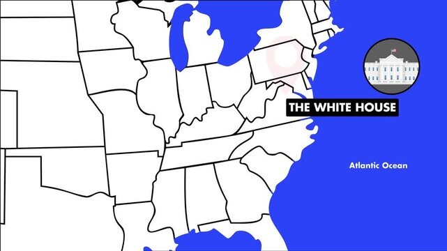 4K animation showing vector map of The White House, USA with red pulsing pin, label, and circular White House icon above &ndash; high-quality Motion Graphic