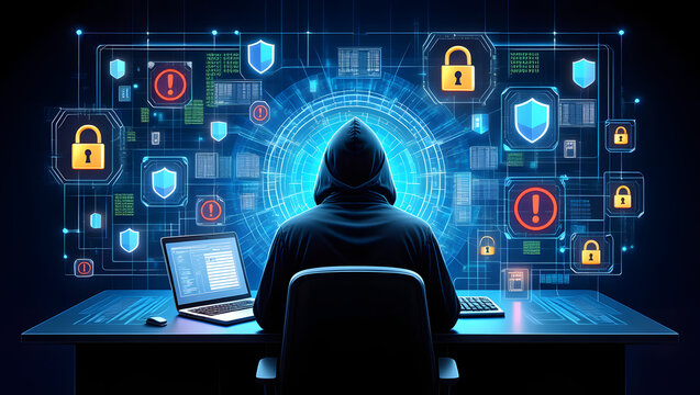 Hooded cybercriminal hacker using laptop to hack internet in cyberspace but black background internet personal data security concept - Powered by Adobe
