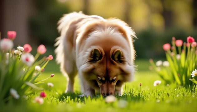 Keeshond eating kibble in a sunny backyard