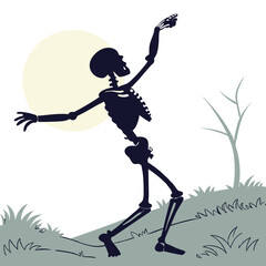 Dancing Skeleton Silhouette on Hill at Night with Full Moon Background
