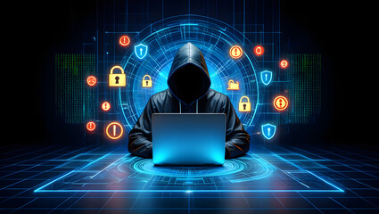Hacker with computer in dark setting technology security breach hacking cyber internet virus web criminal identity crime on screen attack information monitor data man privacy system thief