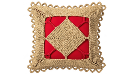 Decorative beige crochet pillow with red center isolated on transparent background