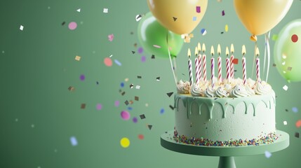 Green birthday cake with candles, balloons and confetti on green background 