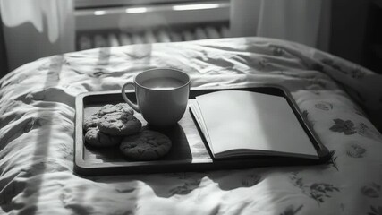 Tray of tea, cookies, and notepad on bed for a quiet afternoon work session.