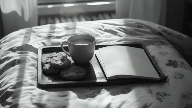 Tray of tea, cookies, and notepad on bed for a quiet afternoon work session.