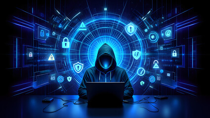 Hacker with computer in dark setting technology security breach hacking cyber internet virus web criminal identity crime on screen attack information monitor data man privacy system thief