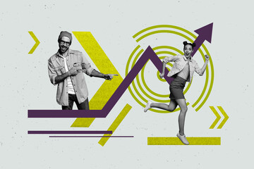 Pop poster collage of people girl guy pointing arrows run fast increase up on grey color background