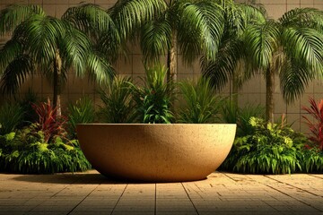 Beige bowl amidst lush tropical garden