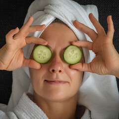 young woman getting eye nature treatment by cucumber at luxury spa resort. Wellness and healing...