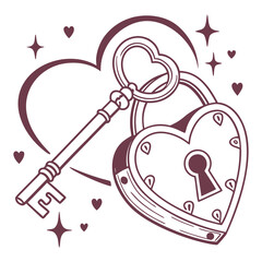Heart Shaped Lock and Key Romantic Illustration with Sparkles

